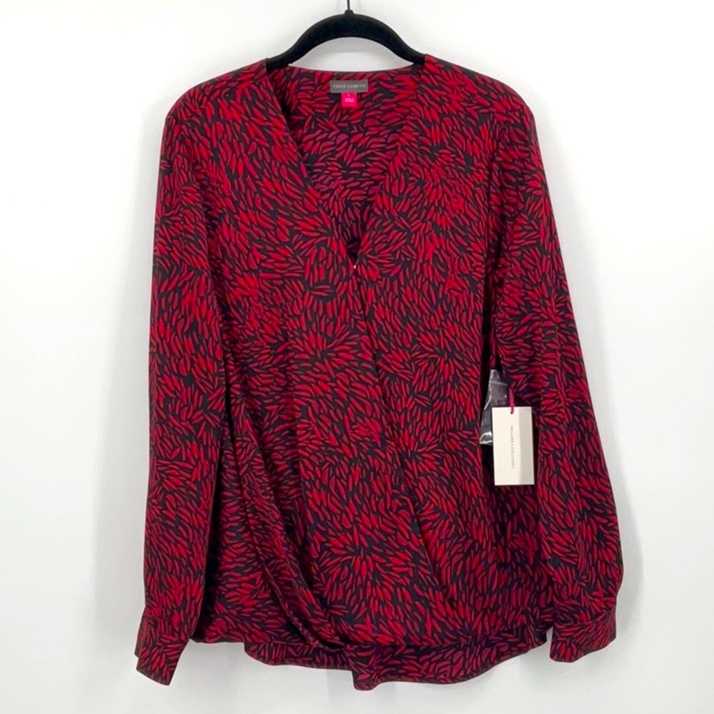 Vince Camuto Opulent Mood V-Neck Blouse in Tulip Red Brand NWT Size Large